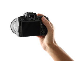 Photo of Photographer with professional camera on white background, closeup