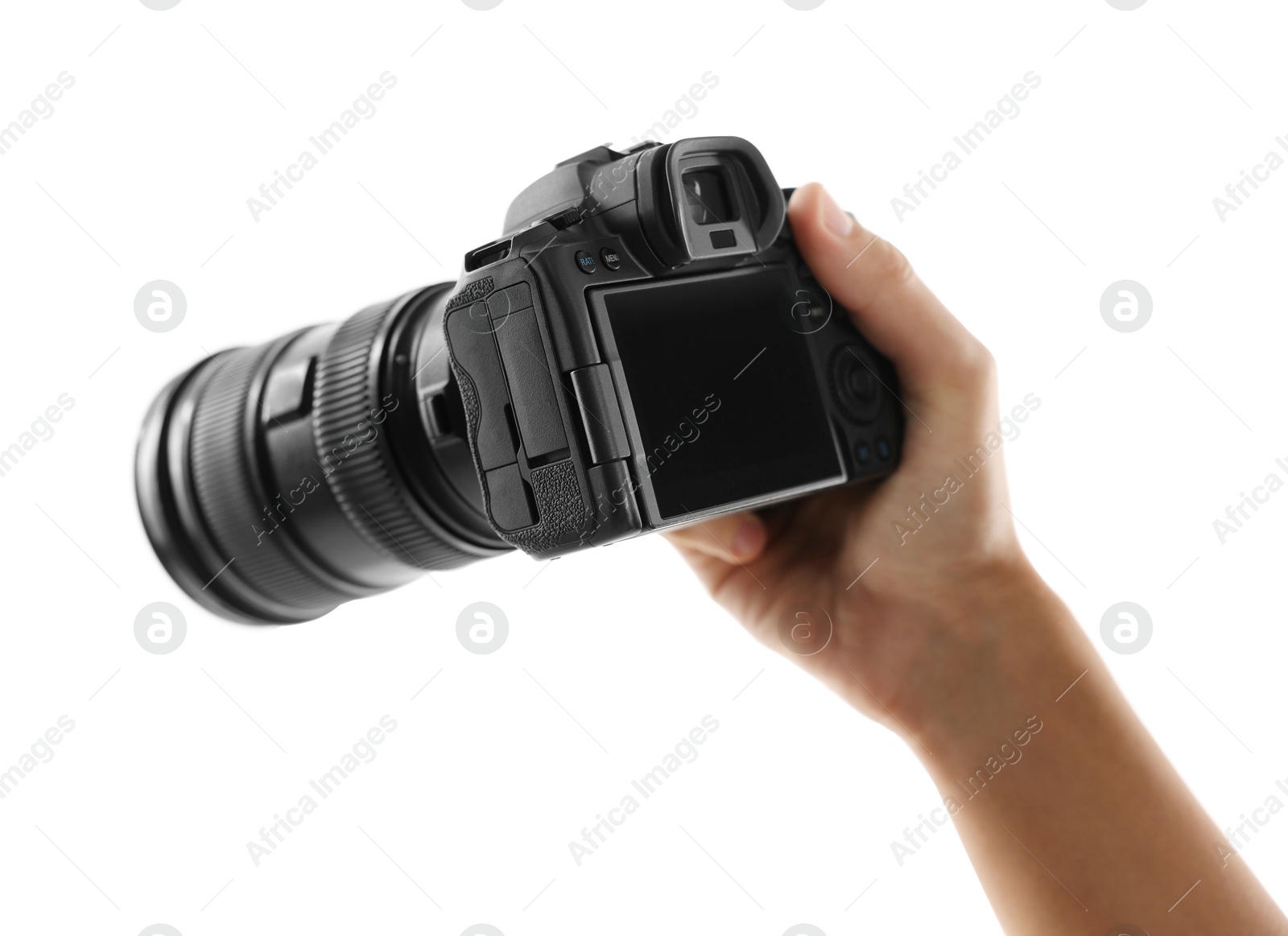 Photo of Photographer with professional camera on white background, closeup