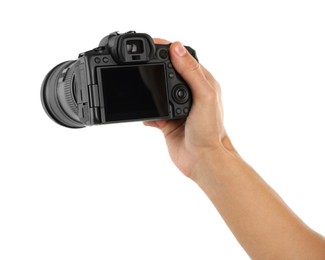 Photo of Photographer with professional camera on white background, closeup