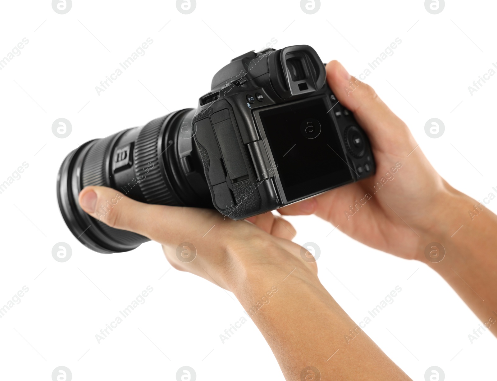 Photo of Photographer with professional camera on white background, closeup