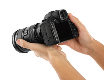 Photo of Photographer with professional camera on white background, closeup