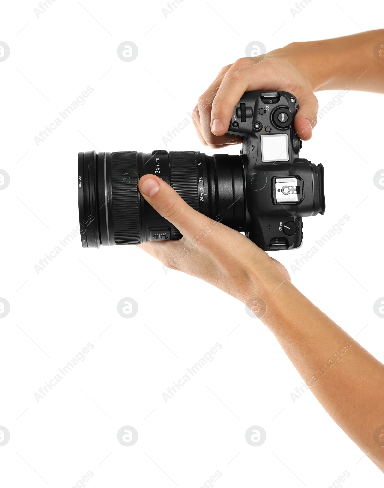 Photo of Photographer with professional camera on white background, closeup