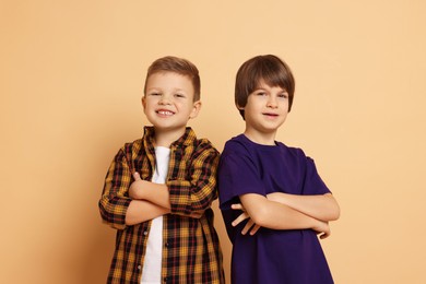 Portrait of cute brothers on beige background