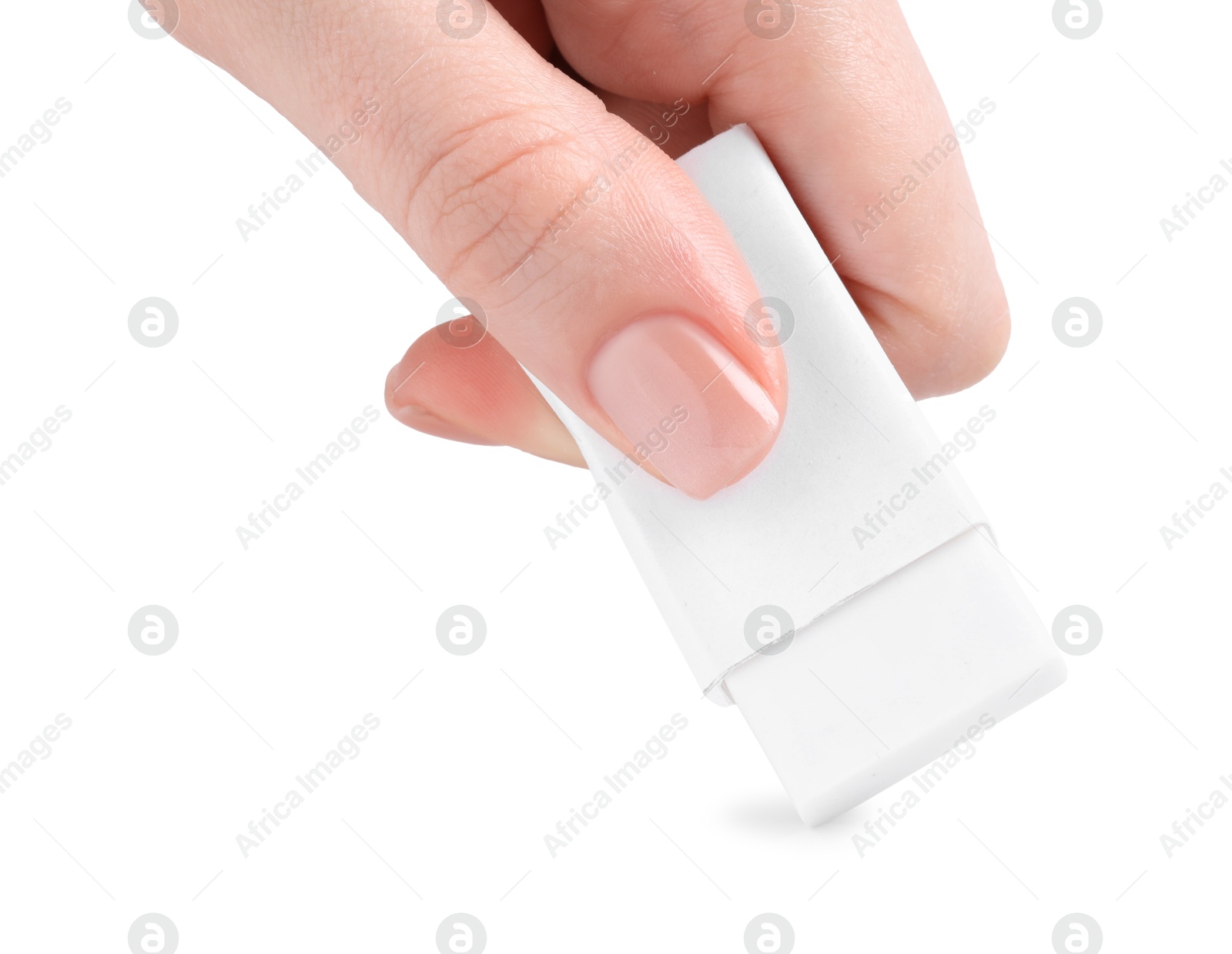 Photo of Woman using eraser on white background, closeup