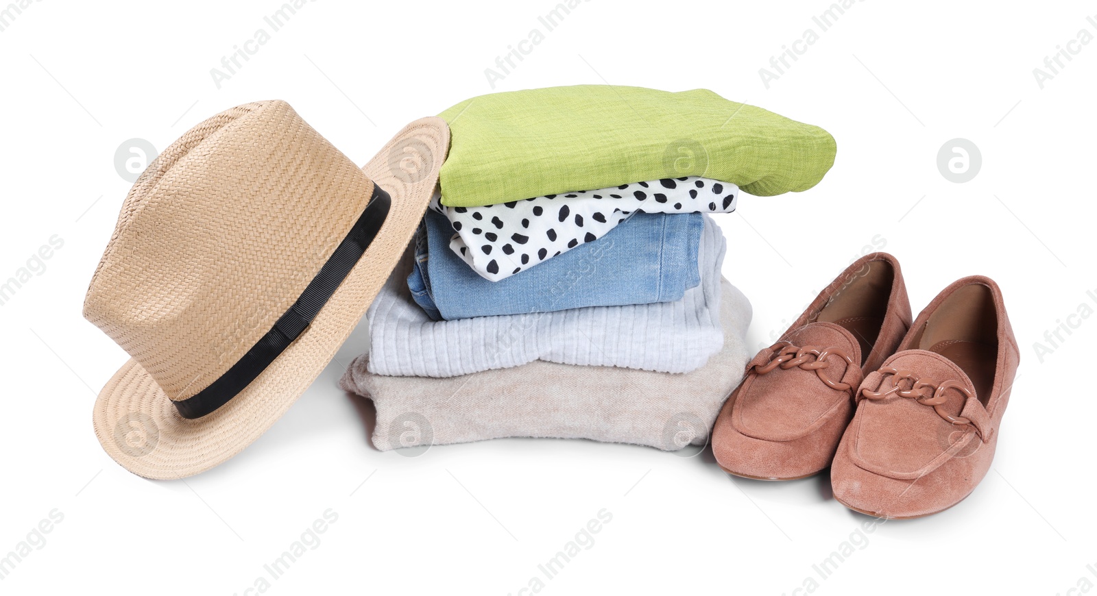 Photo of Different used clothes, hat and shoes isolated on white