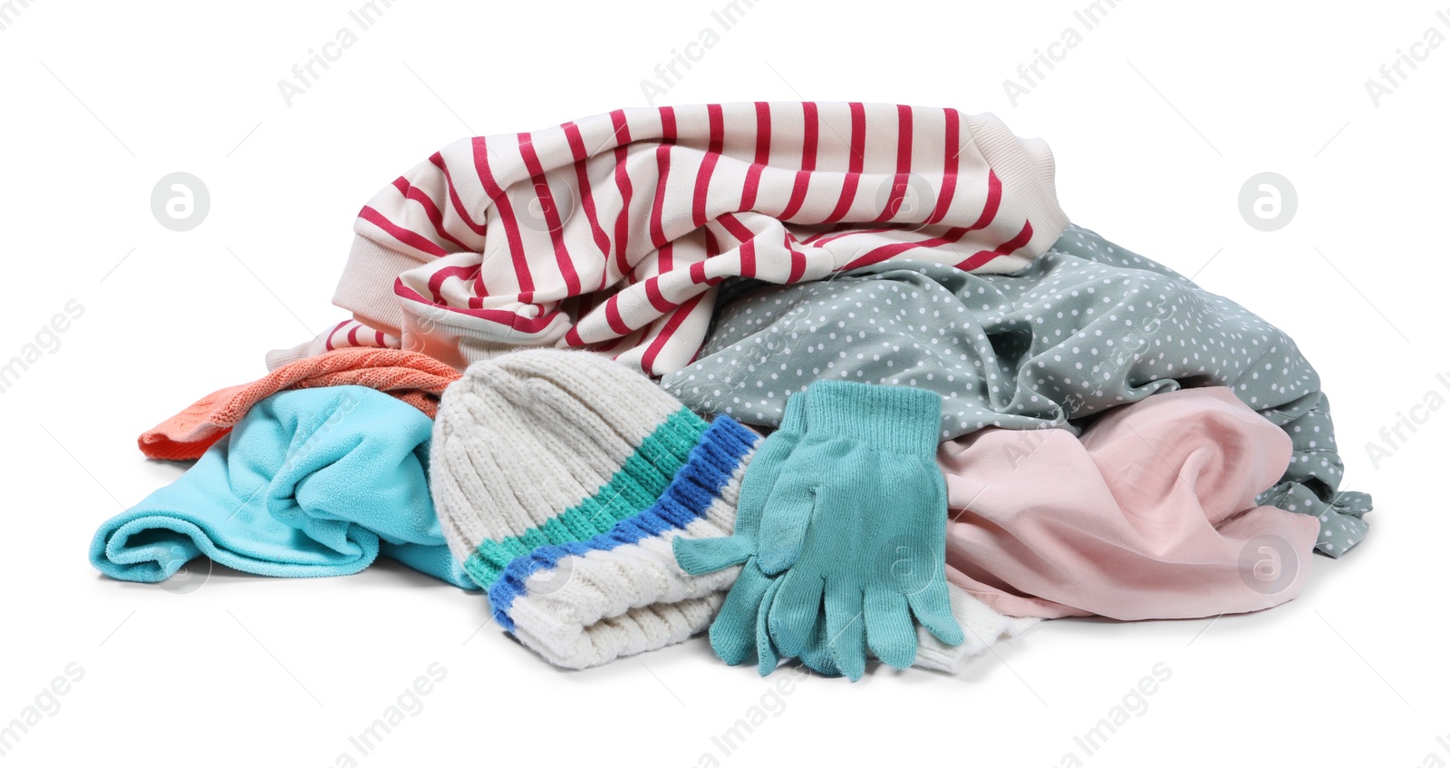 Photo of Pile of different used clothes isolated on white