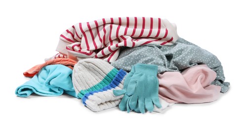 Photo of Pile of different used clothes isolated on white