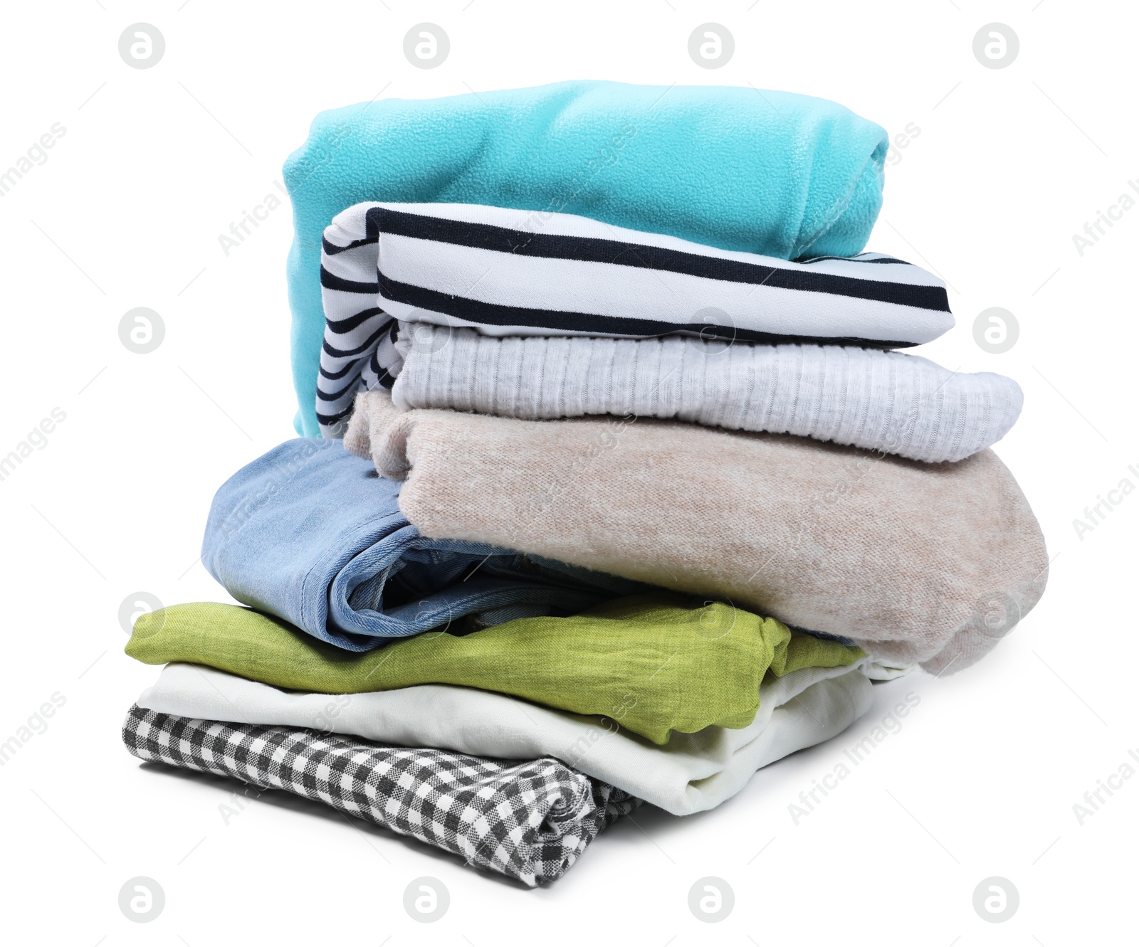 Photo of Stack of used clothes isolated on white