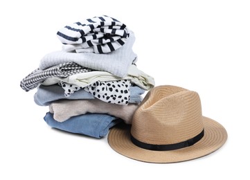 Photo of Different used clothes and hat isolated on white