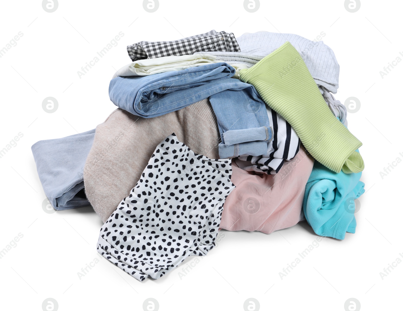 Photo of Pile of different used clothes isolated on white