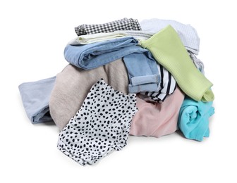 Photo of Pile of different used clothes isolated on white