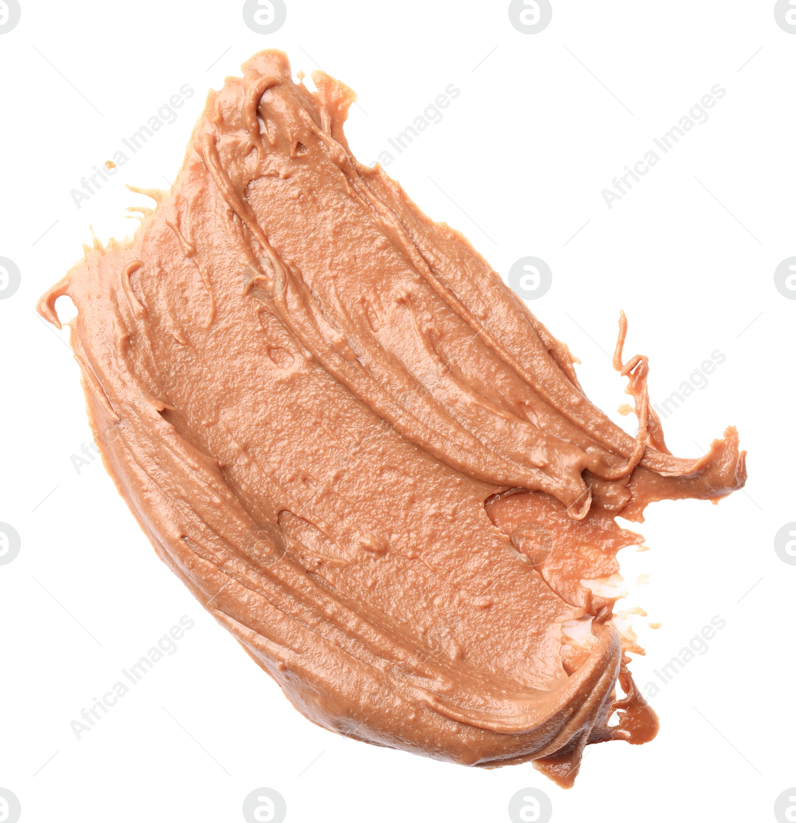 Photo of Sample of tasty nut butter isolated on white, top view