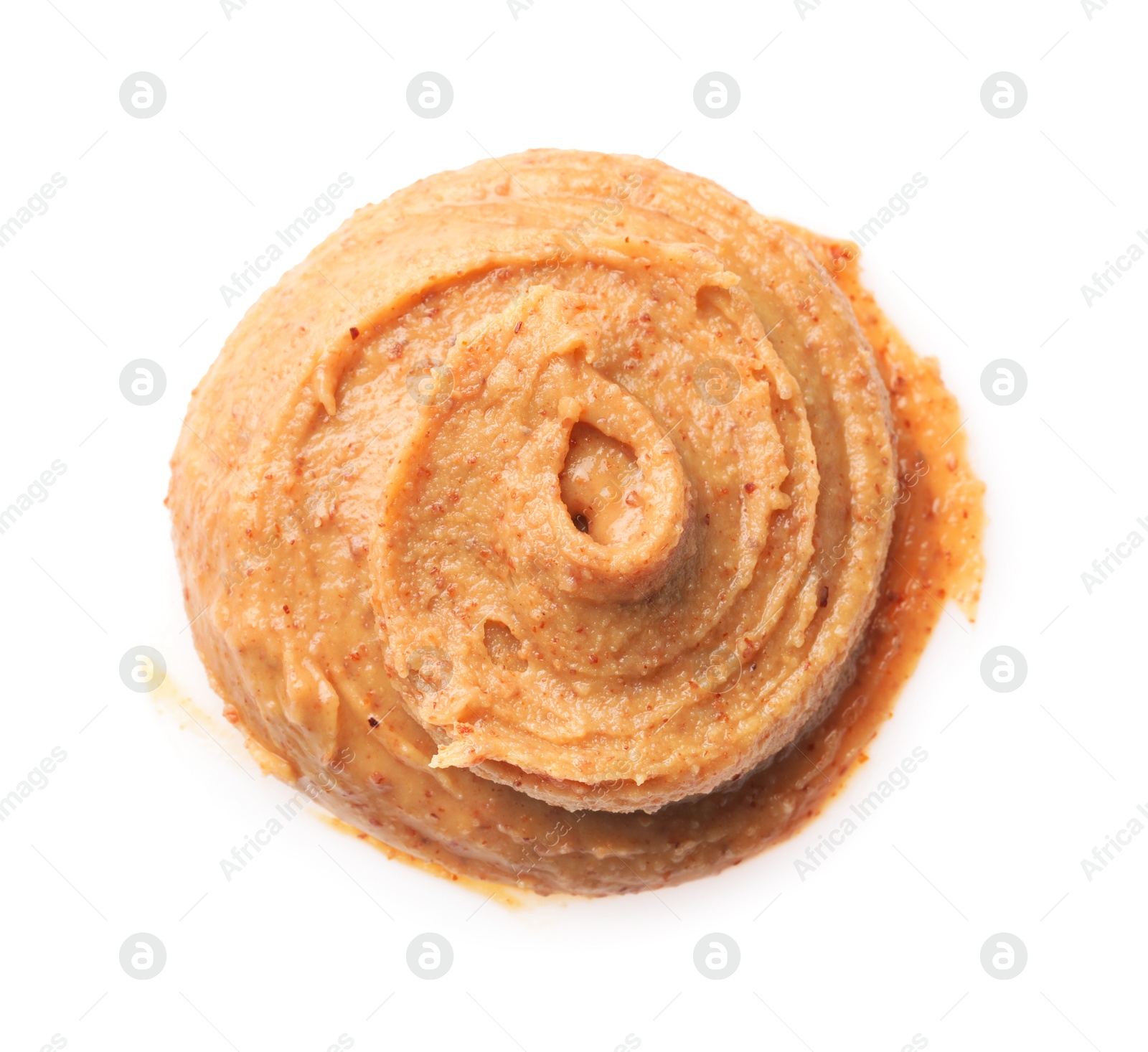 Photo of Sample of tasty nut butter isolated on white, top view