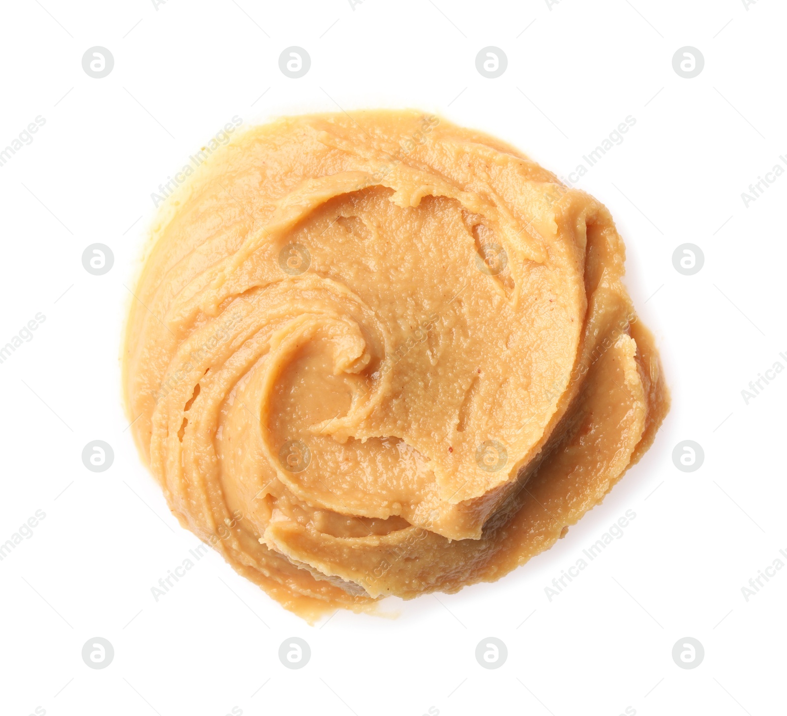 Photo of Sample of tasty nut butter isolated on white, top view