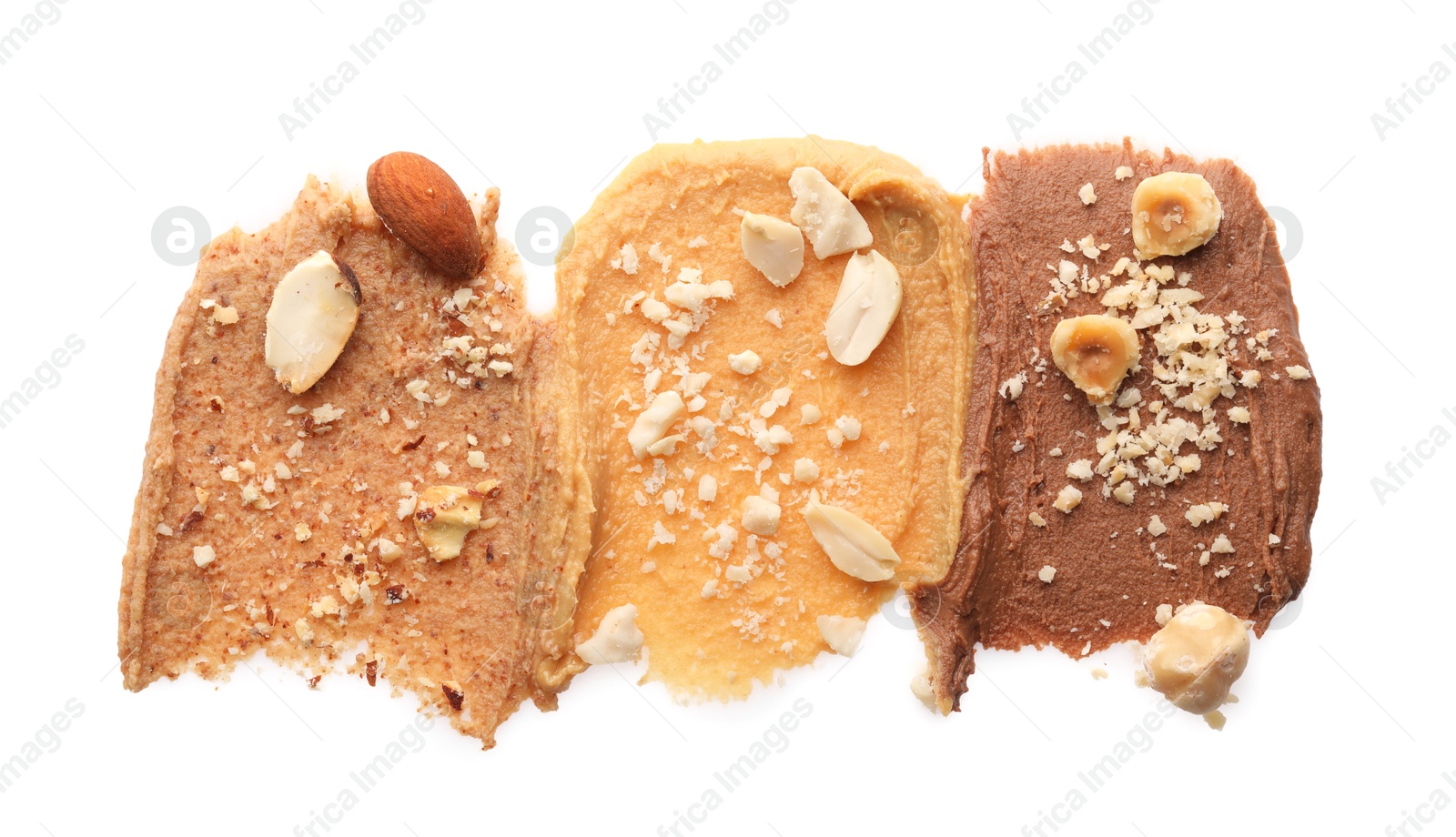 Photo of Different nut butters and nuts isolated on white, top view