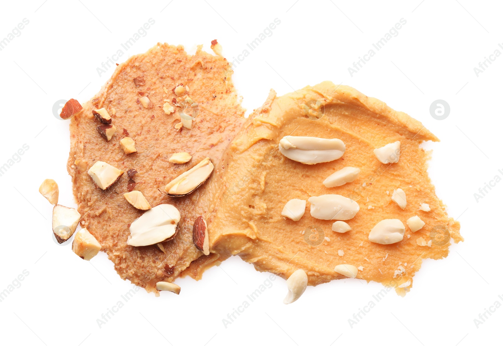 Photo of Different nut butters and nuts isolated on white, top view