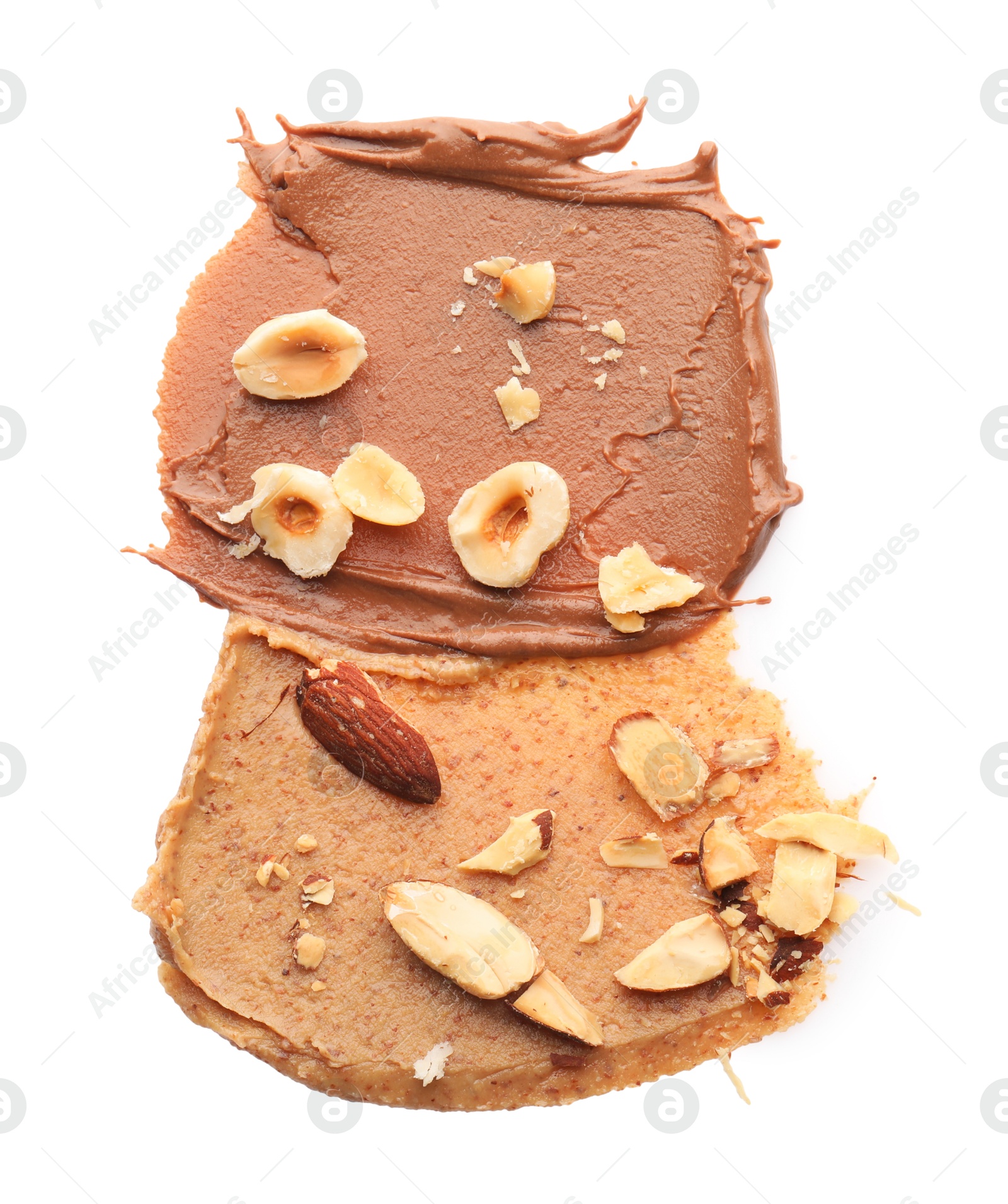 Photo of Different nut butters and nuts isolated on white, top view