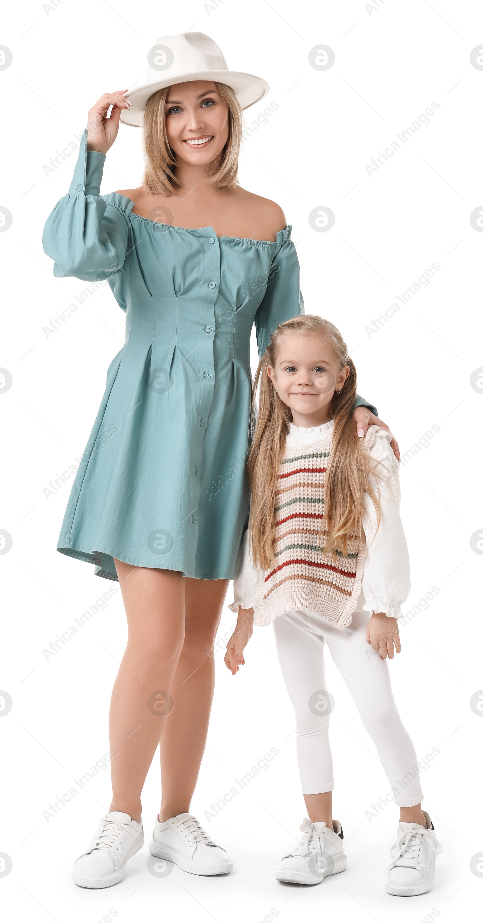 Photo of Happy mother with her cute little daughter on white background