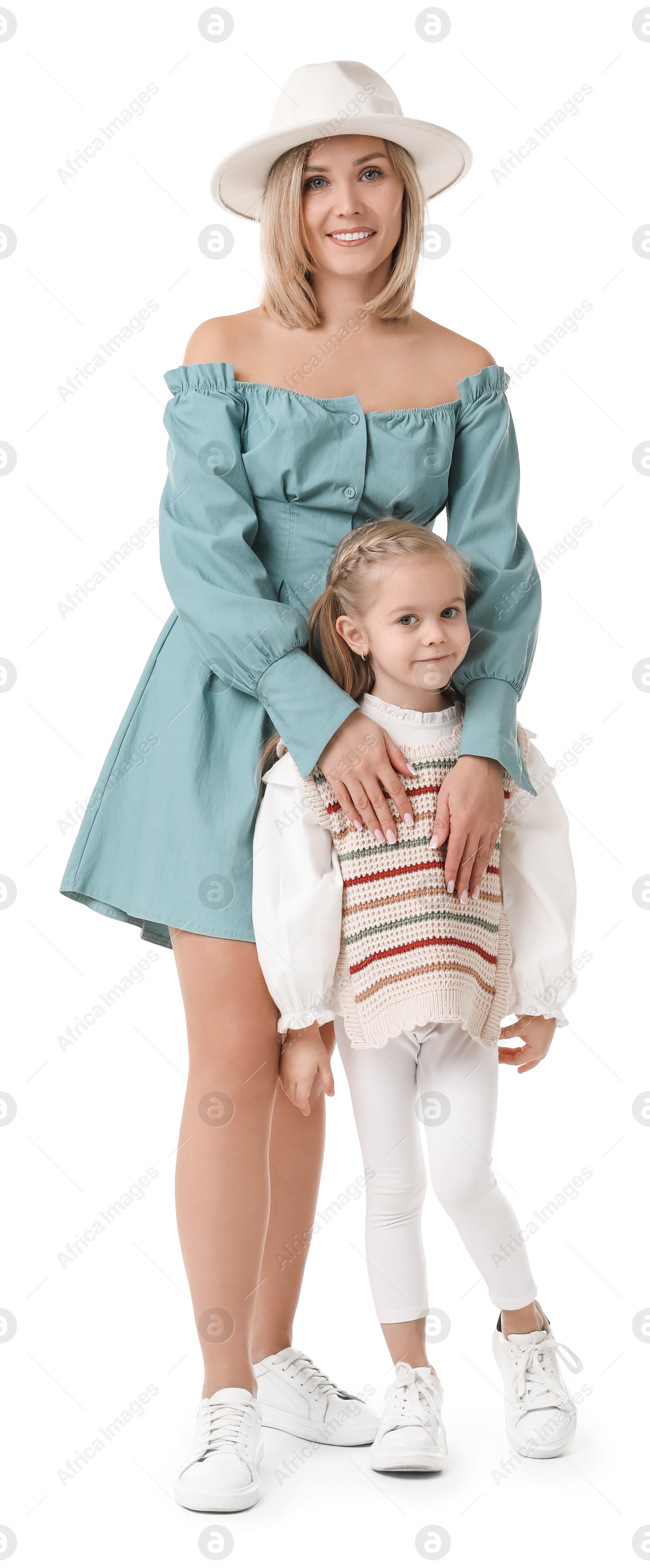 Photo of Happy mother with her cute little daughter on white background