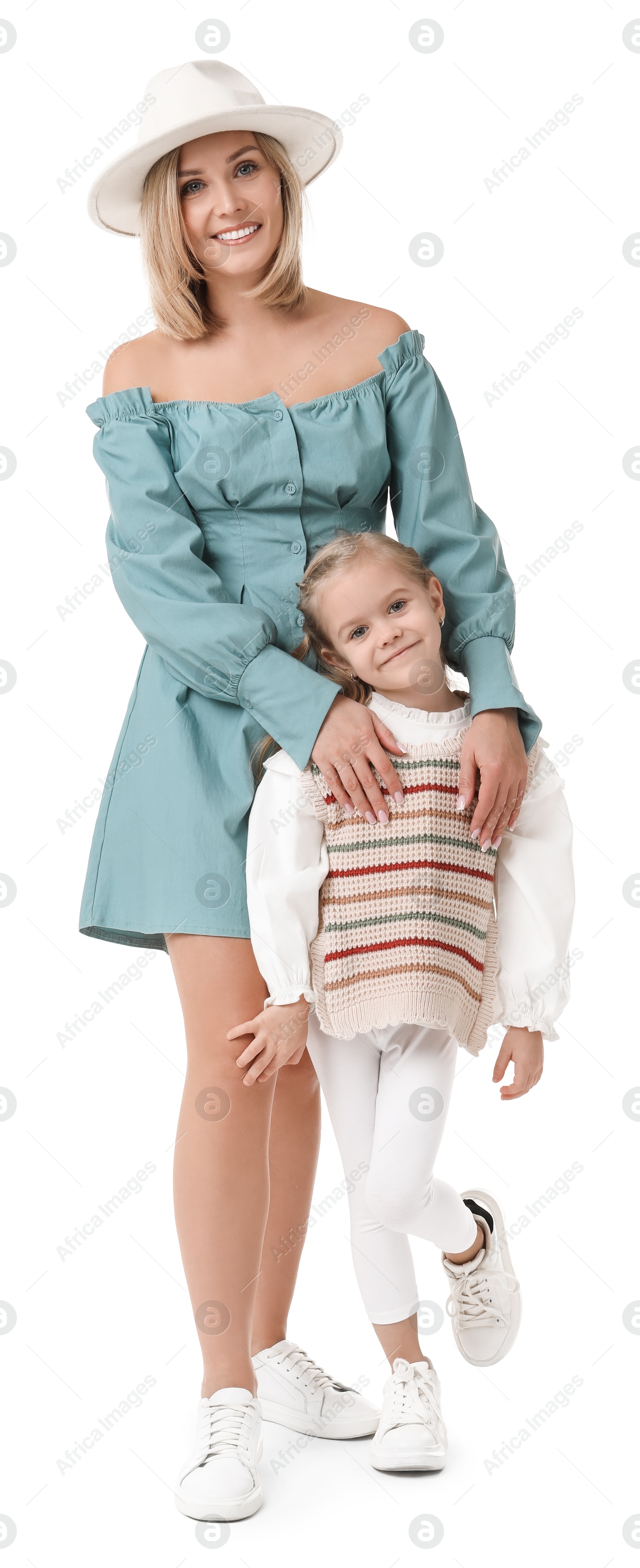 Photo of Happy mother with her cute little daughter on white background