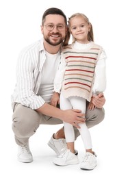 Photo of Happy father with his cute little daughter on white background