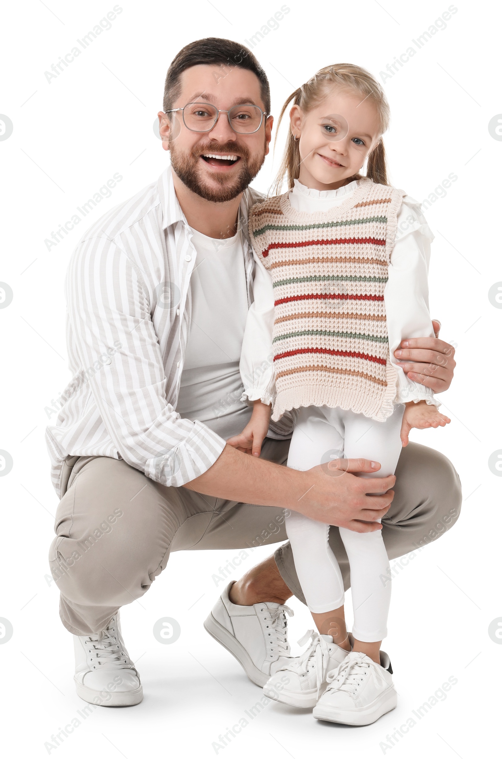 Photo of Happy father with his cute little daughter on white background