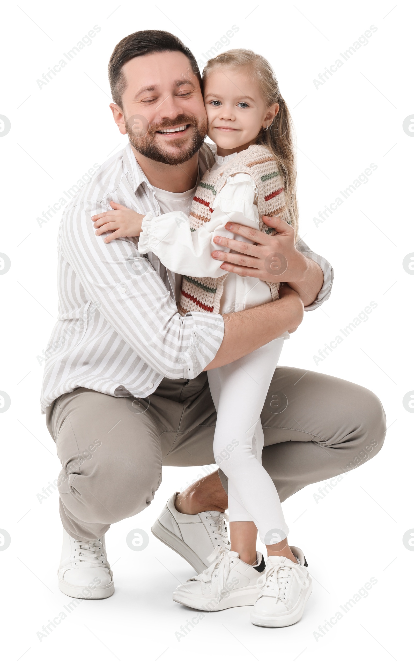 Photo of Happy father with his cute little daughter on white background