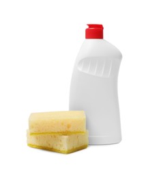 Photo of Sponge and dish soap isolated on white