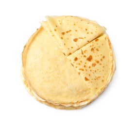 Photo of Stack of delicious crepes isolated on white, top view