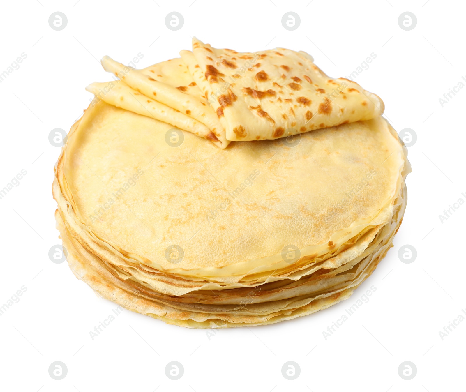 Photo of Stack of delicious crepes isolated on white