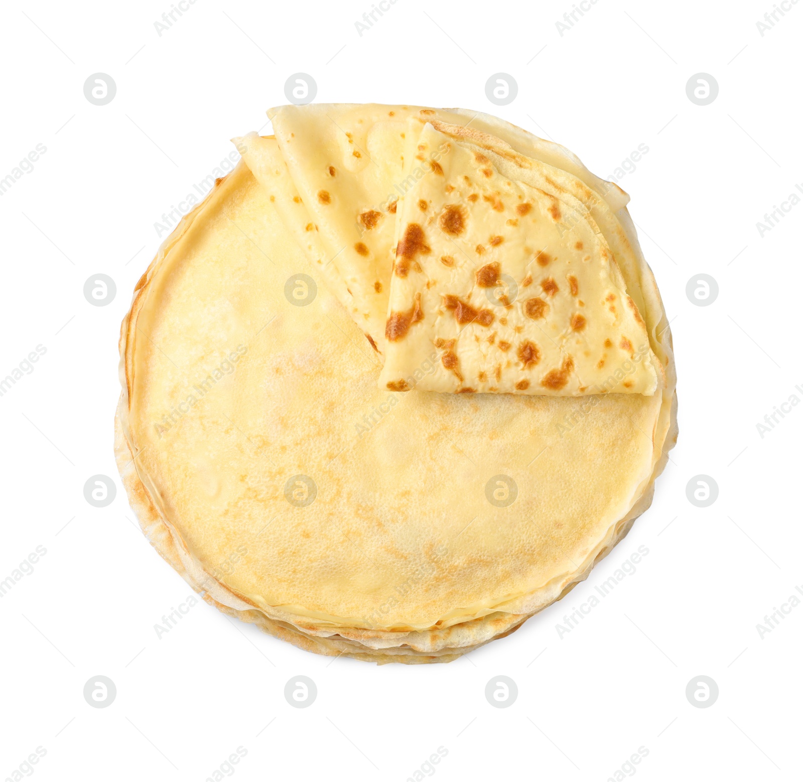 Photo of Stack of delicious crepes isolated on white, top view