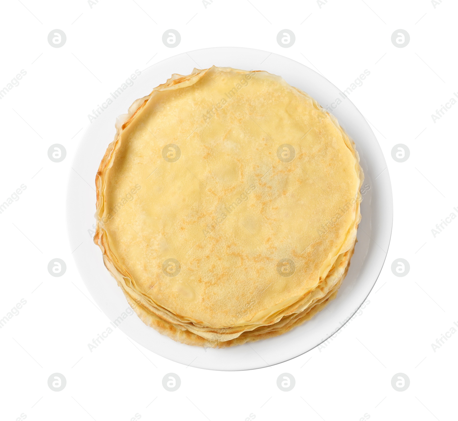 Photo of Stack of delicious crepes isolated on white, top view