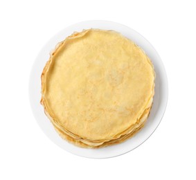 Photo of Stack of delicious crepes isolated on white, top view