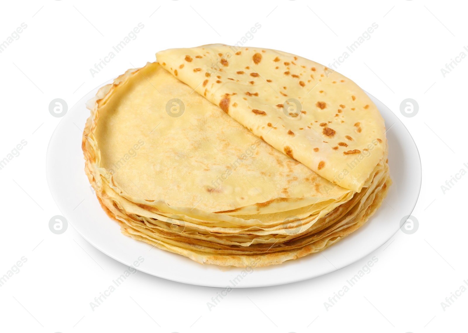 Photo of Stack of delicious crepes isolated on white