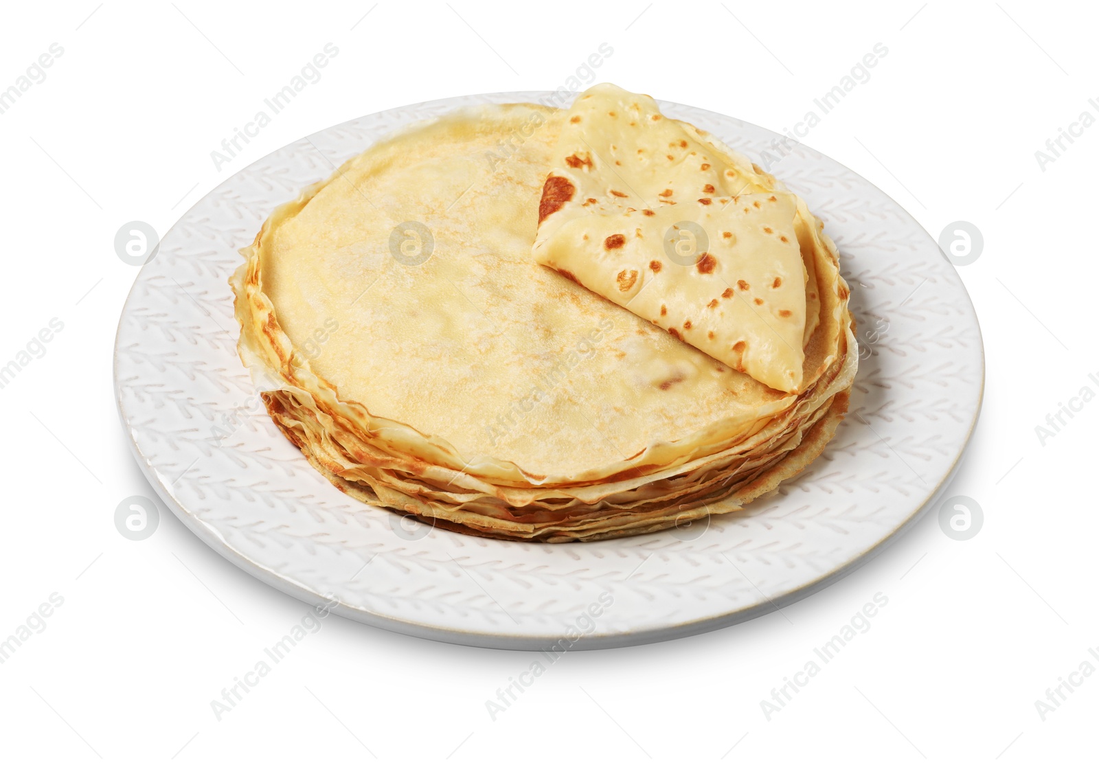 Photo of Stack of delicious crepes isolated on white