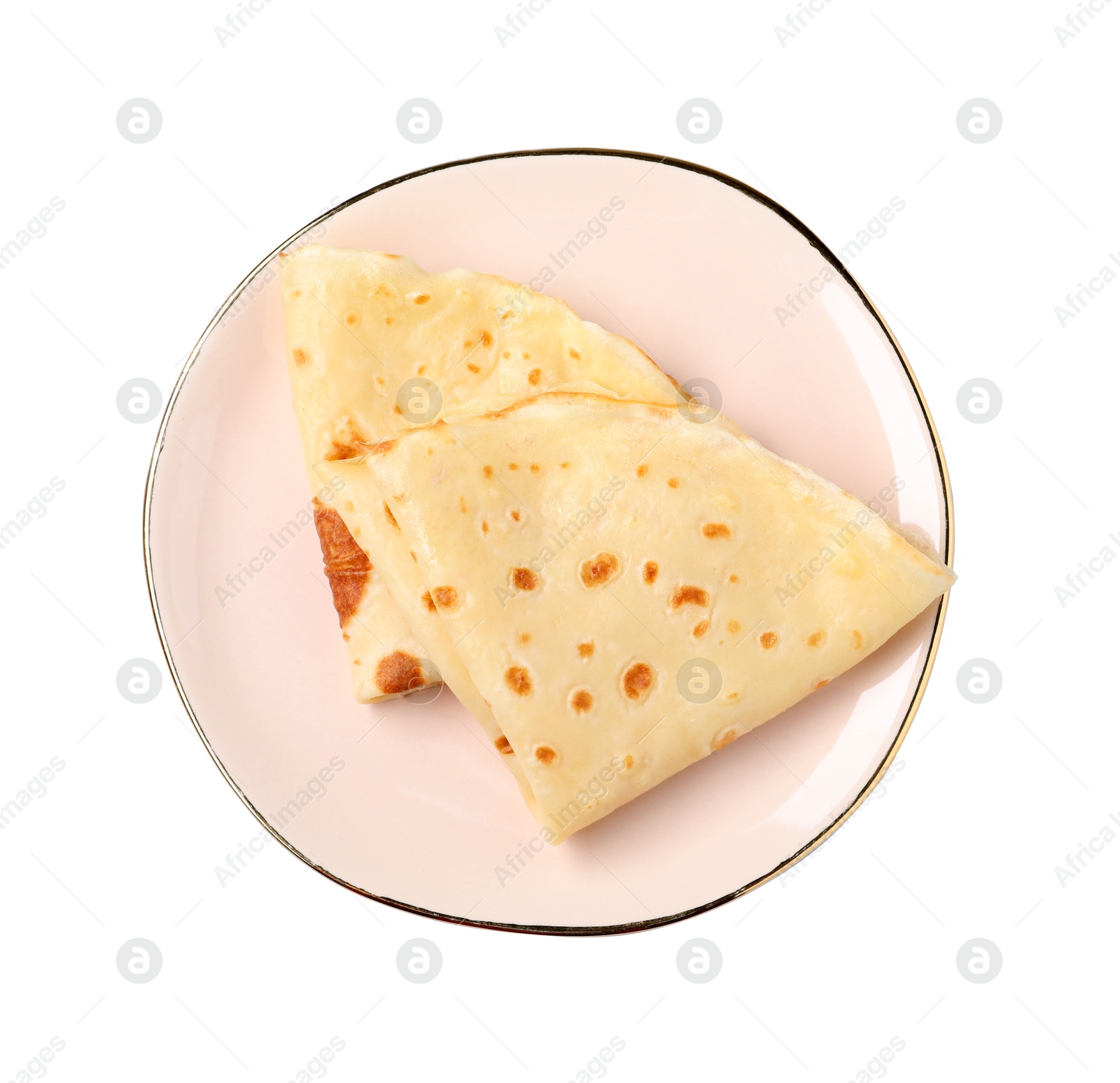 Photo of Delicious folded crepes isolated on white, top view