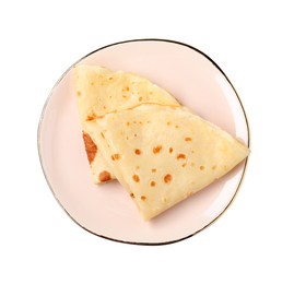 Photo of Delicious folded crepes isolated on white, top view