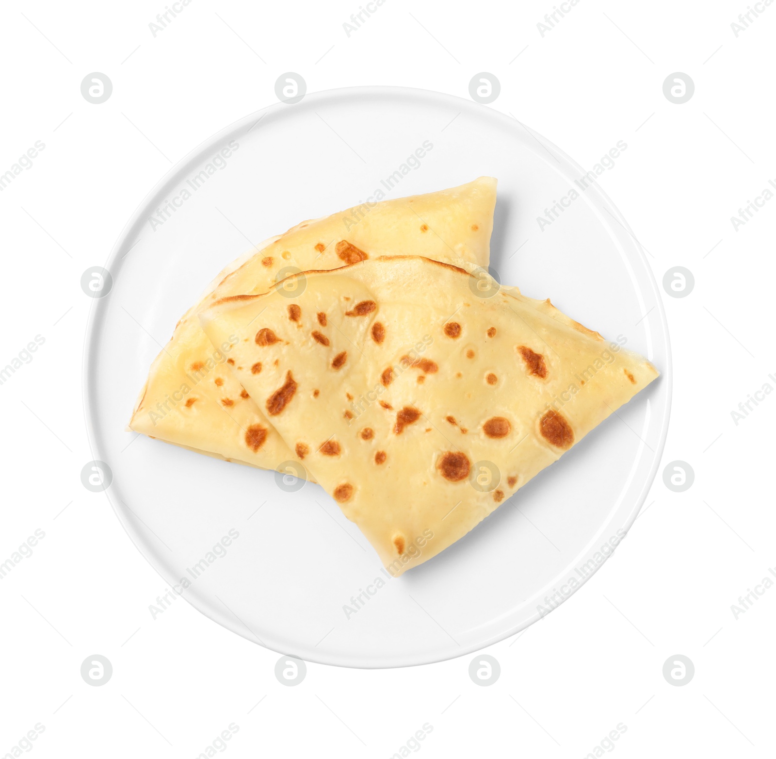 Photo of Delicious folded crepes isolated on white, top view