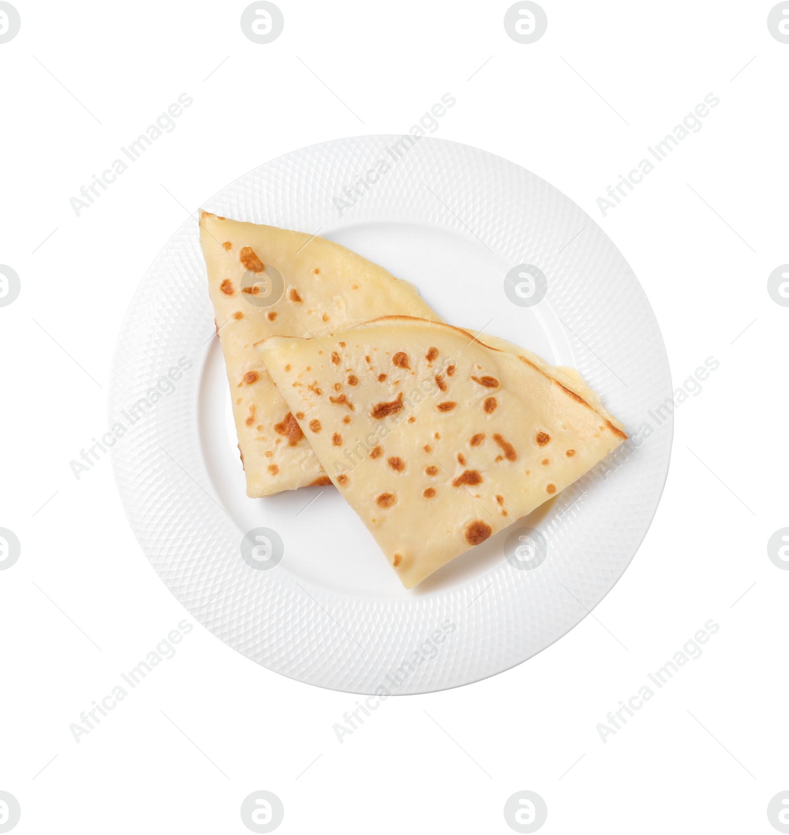 Photo of Delicious folded crepes isolated on white, top view