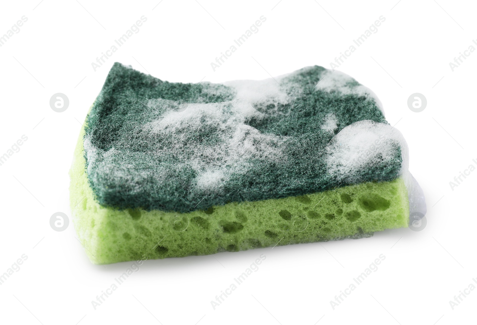 Photo of Green sponge and foam isolated on white. Cleaning tool