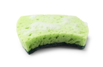 Photo of Green sponge and foam isolated on white. Cleaning tool