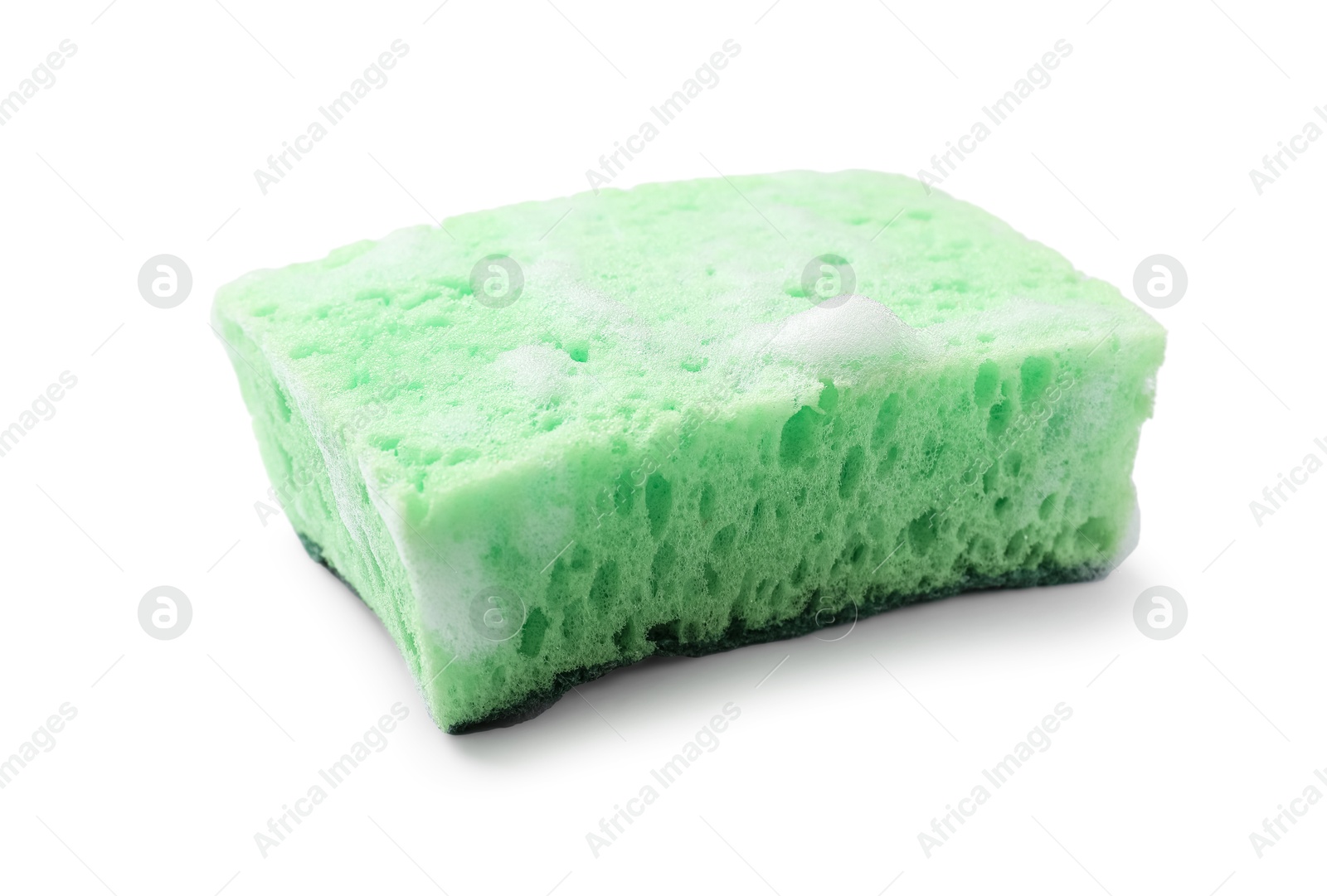 Photo of Green sponge and foam isolated on white. Cleaning tool