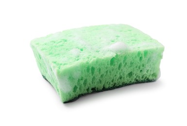 Photo of Green sponge and foam isolated on white. Cleaning tool