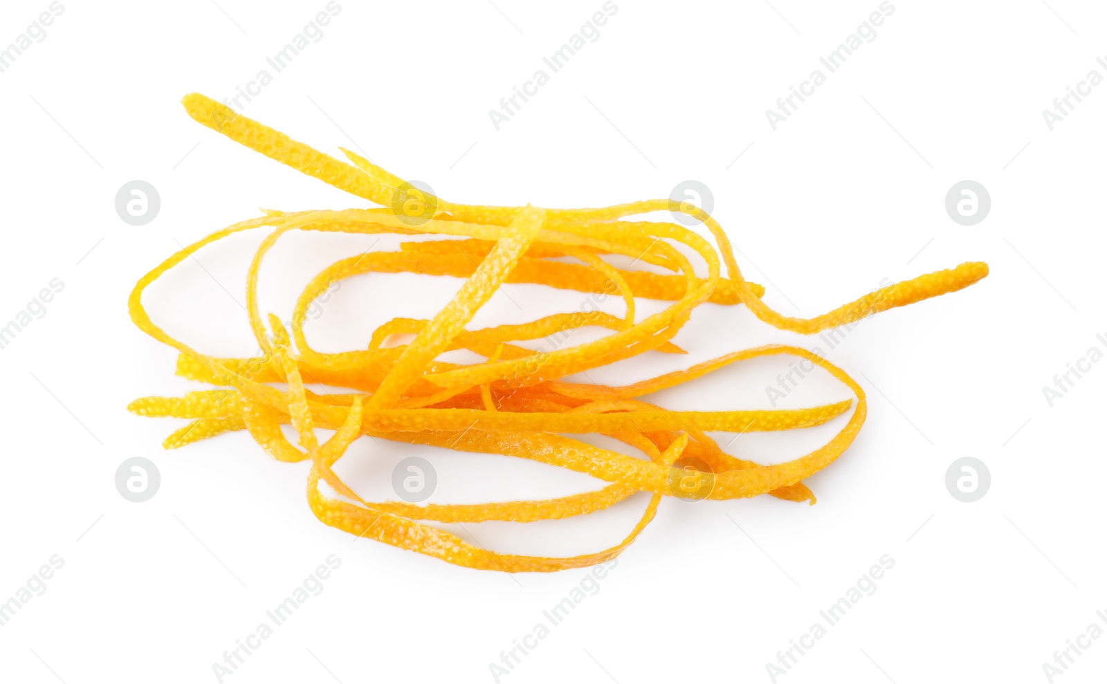 Photo of Pieces of orange zest isolated on white