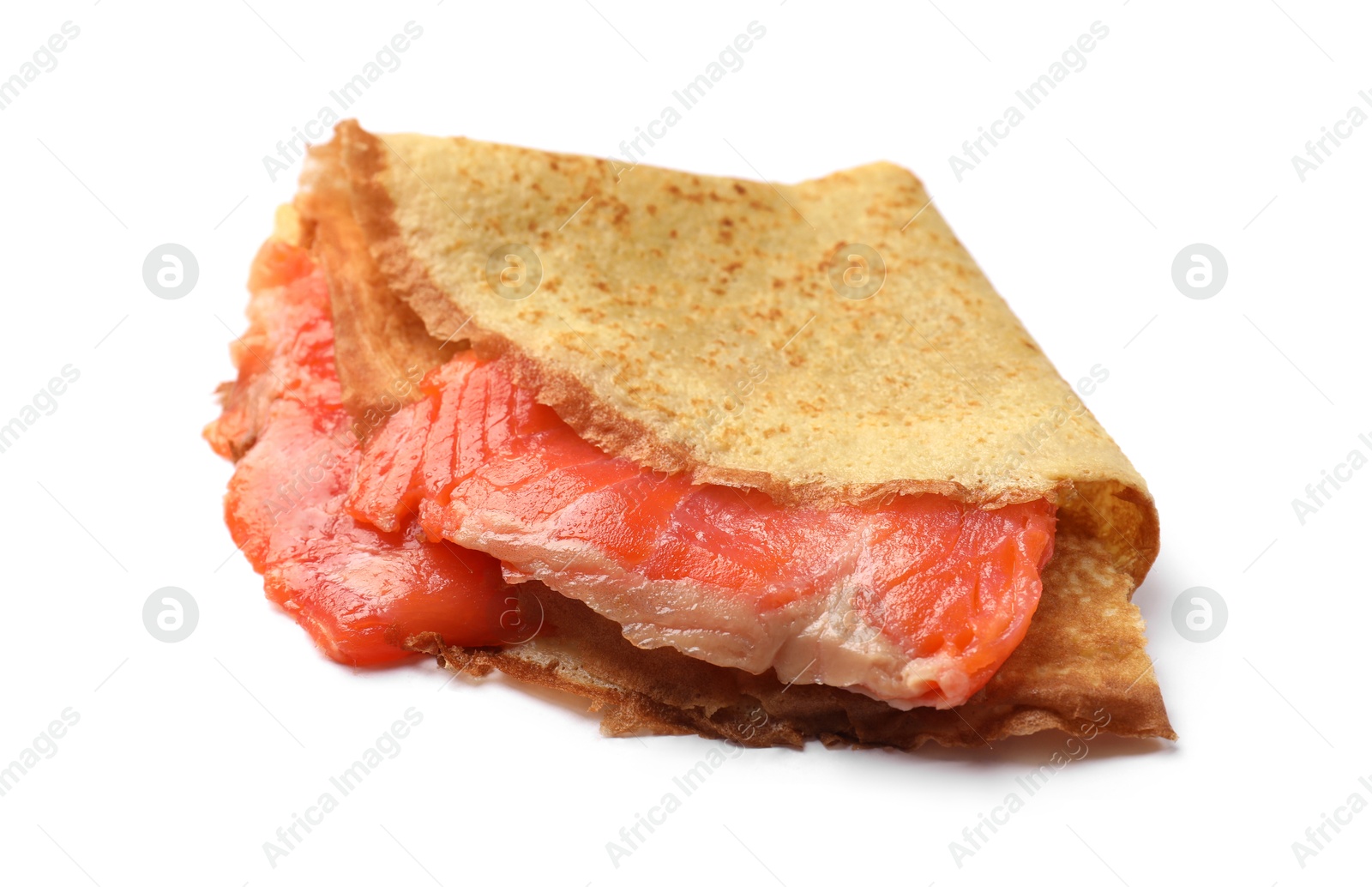 Photo of Delicious crepes with salmon isolated on white