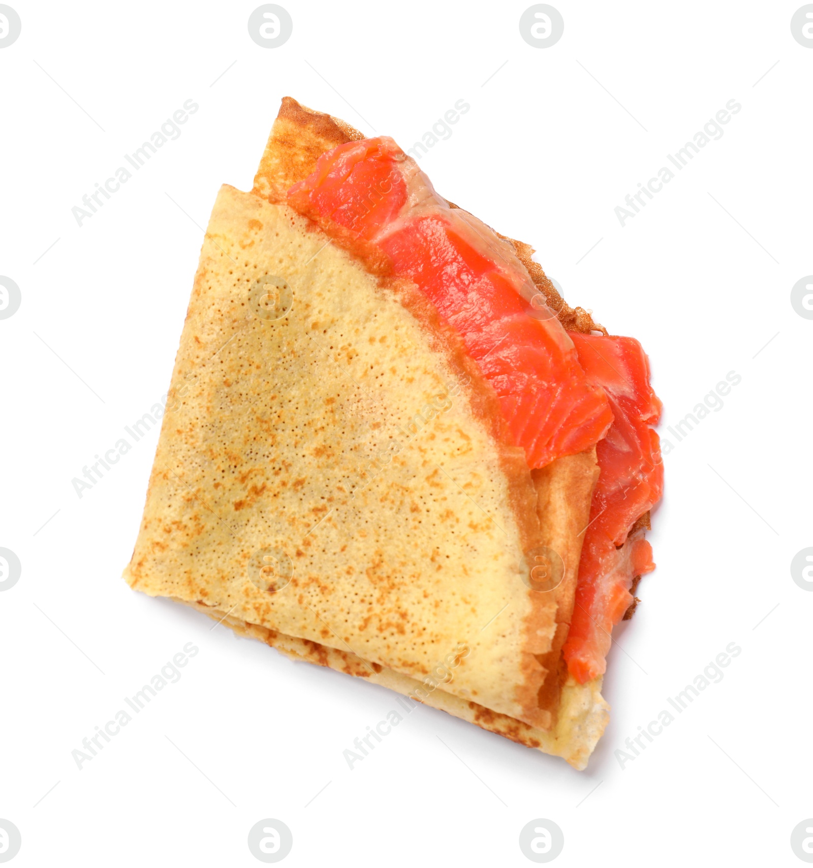 Photo of Delicious crepe with salmon isolated on white, top view