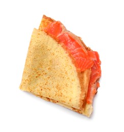 Photo of Delicious crepe with salmon isolated on white, top view