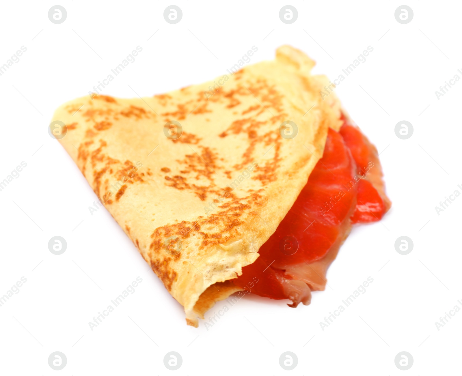 Photo of Delicious crepe with salmon isolated on white