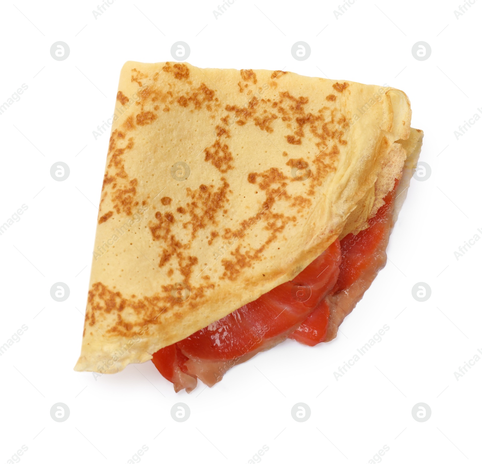 Photo of Delicious crepe with salmon isolated on white, top view