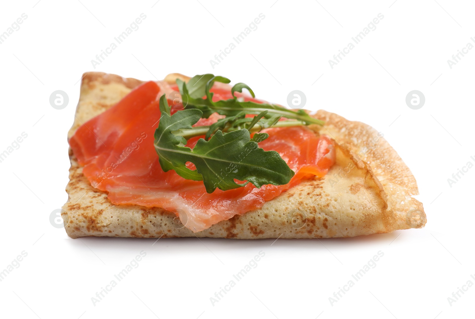 Photo of Delicious crepe with salmon and arugula isolated on white